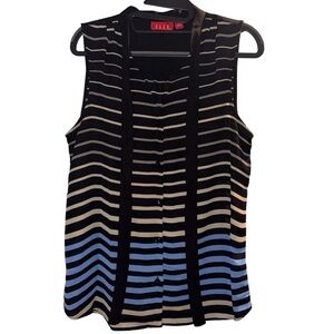 ELLE Black and Blue Button Up with Tie Striped Blouse Short Sleeveless Size M